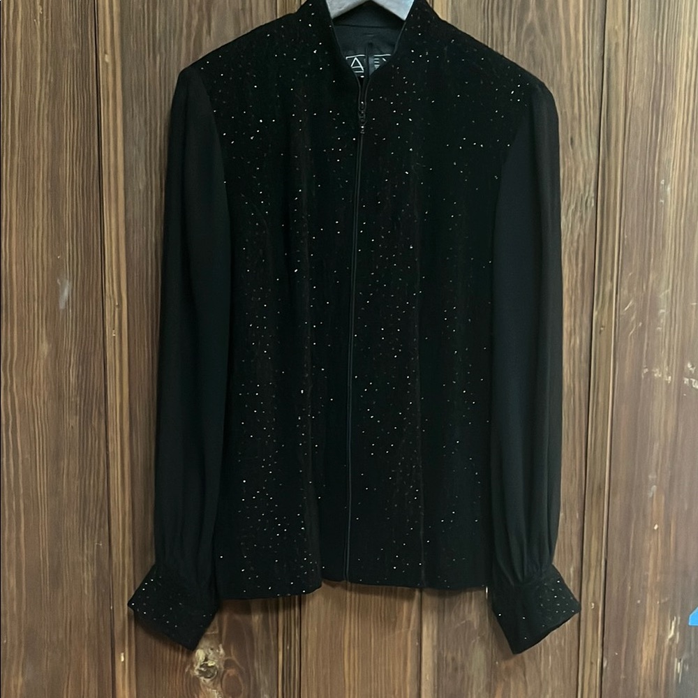 Alex Evenings Black Beaded Long Sleeve Jacket with Sheer Sleeves